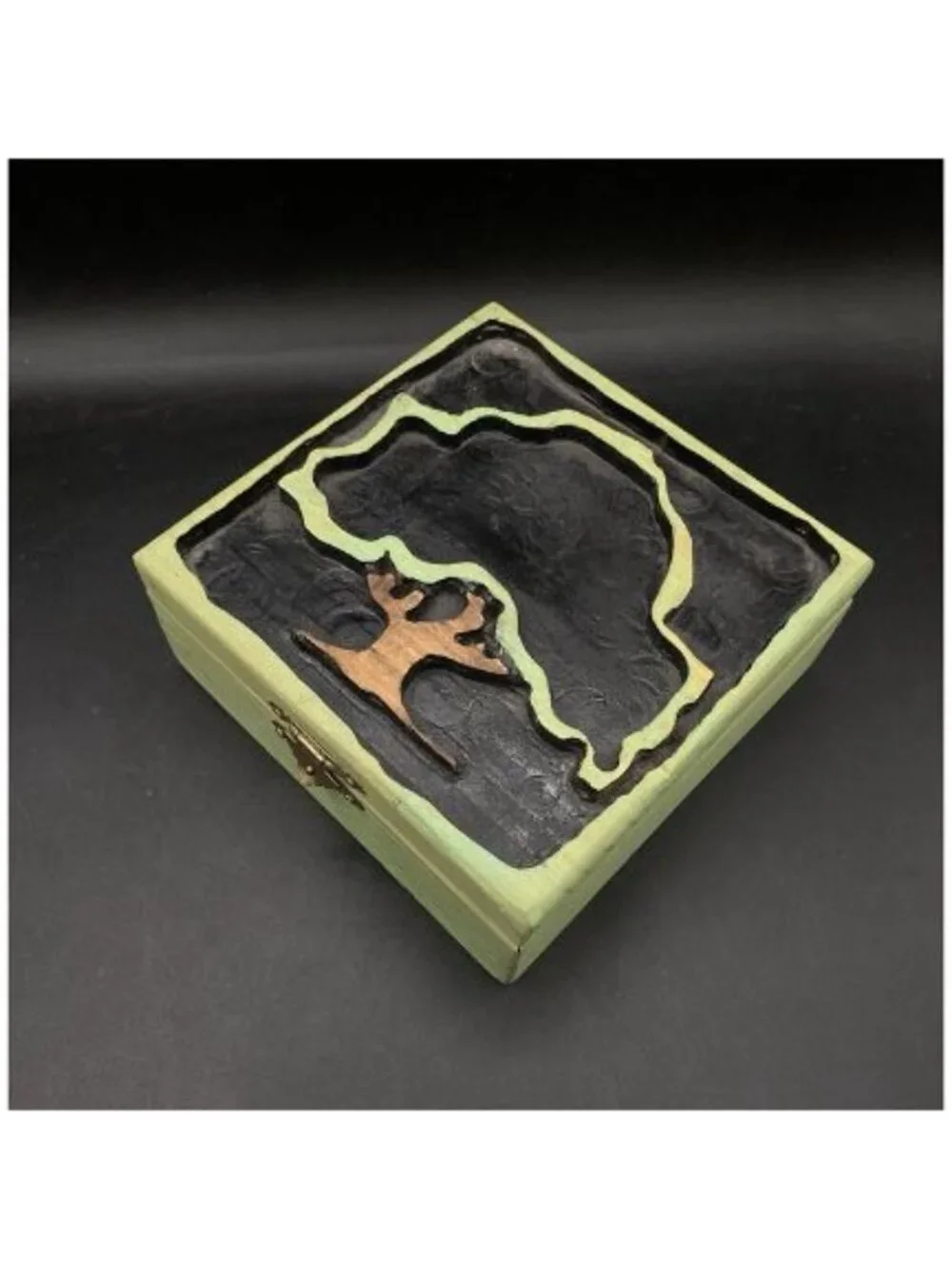 Hand Carved Green Wooden Box Tree of Life Keepsake 6”